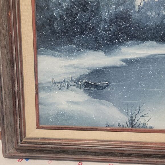 Vtg Oil Painting 25"x21" Canvas Snow Cabin stream Trees Water Sgn BD Pollard '93 - Picture 8 of 16